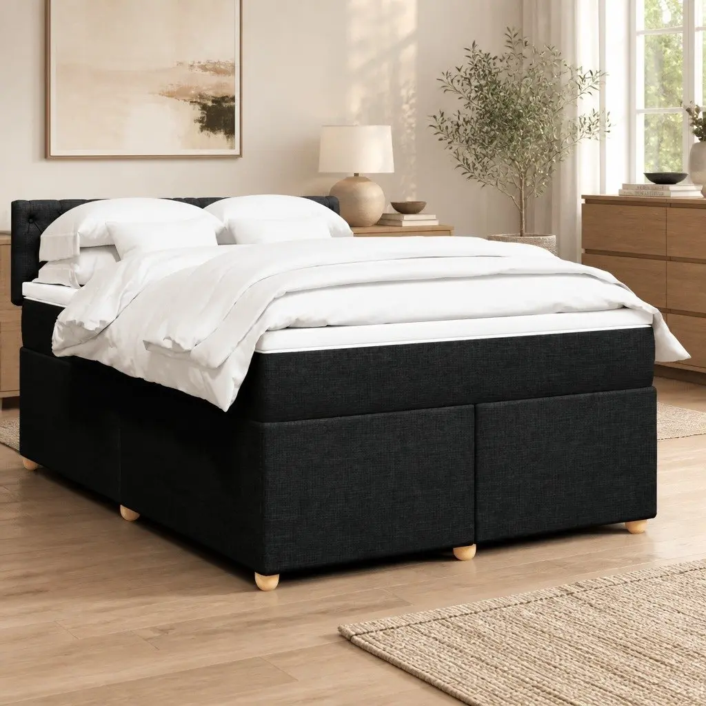 Double Box Spring Bed Double Size Pocket Sprung Mattress Black Fabric Frame