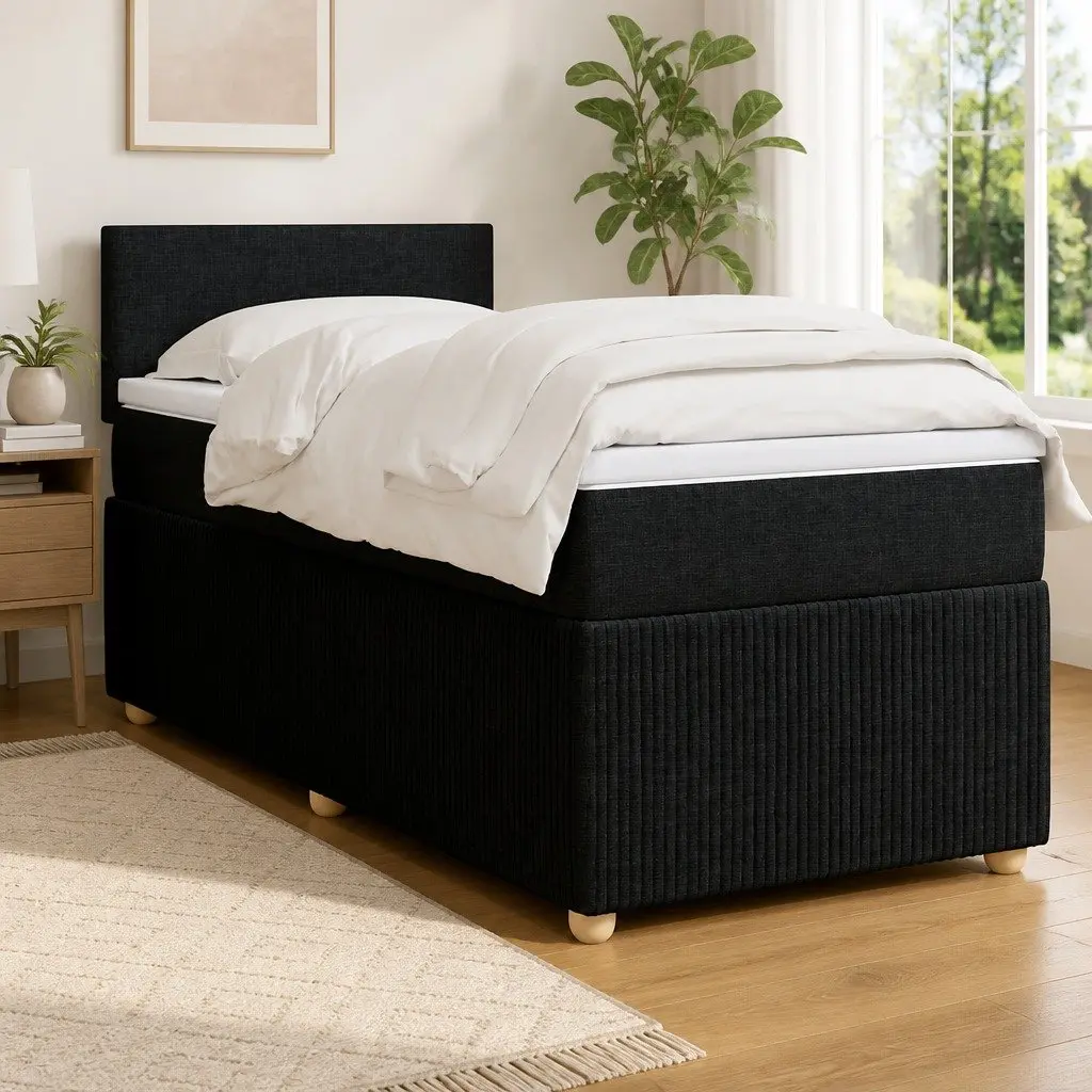 King Single Box Spring Bed Pocket Spring Mattress Black Fabric Frame