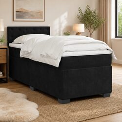 King Single Box Spring Bed with Pocket Mattress and LED Lights Black Fabric
