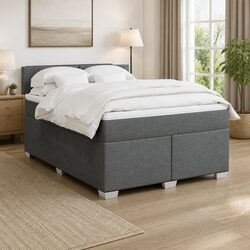 Double Box Spring Bed with Pocket Spring Mattress LED Lights Grey Fabric