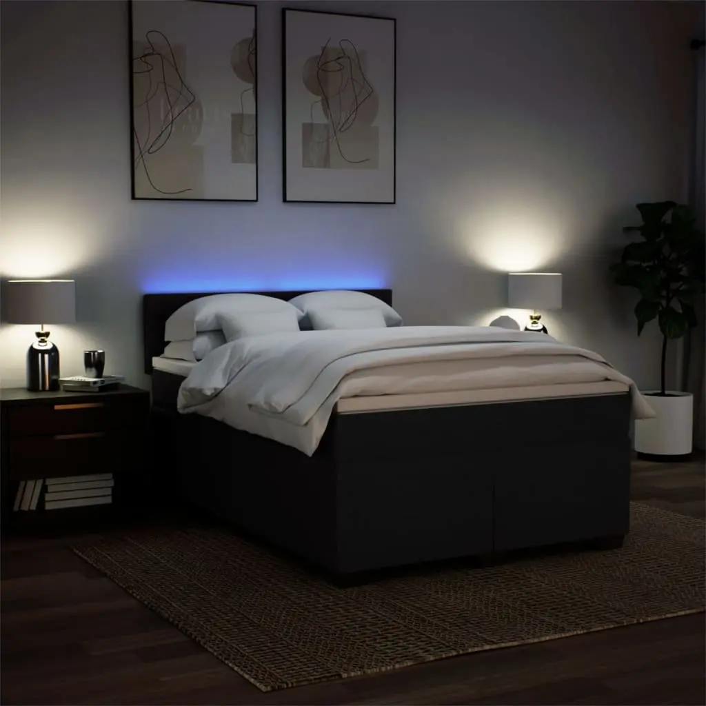 Double Box Spring Bed with Mattress Double Black Fabric LED Lights