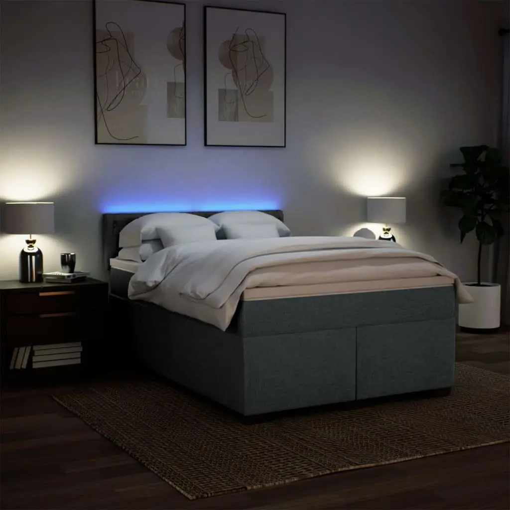 Queen Box Spring Bed with Pocket Spring Mattress Integrated LED Lights Grey Fabric Frame