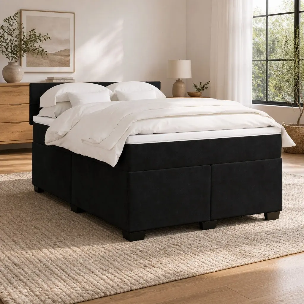 Queen Box Spring Bed with Pocket Spring Mattress Velvet Fabric LED Lights