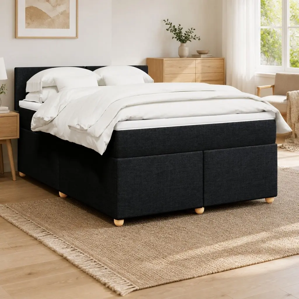 Double Box Spring Bed with Pocket Spring Mattress Black Fabric LED Lights