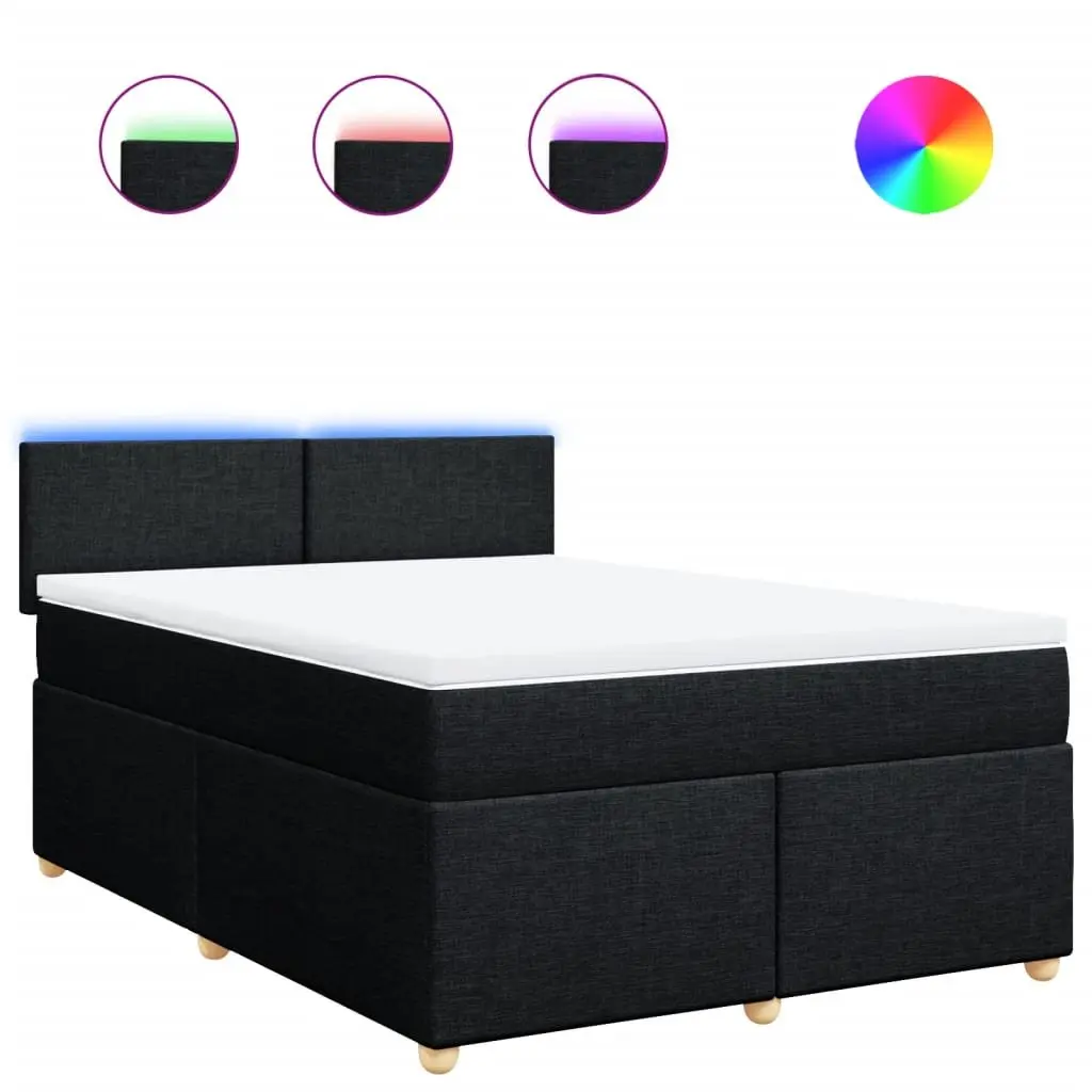 Double Box Spring Bed with Pocket Spring Mattress Black Fabric LED Lights