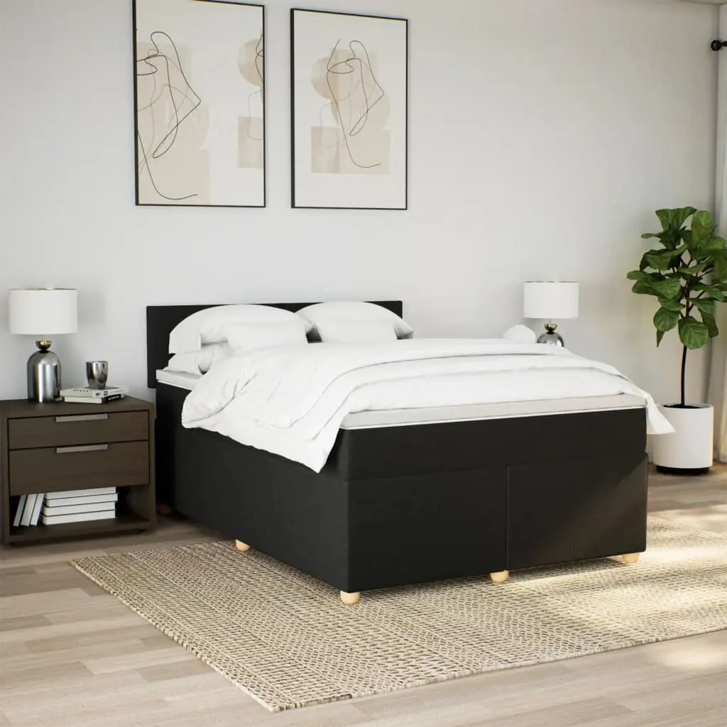 Double Box Spring Bed with Pocket Spring Mattress Black Fabric LED Lights