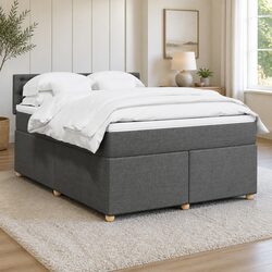 Double Box Spring Bed with Pocket Spring Mattress LED Lights Grey Fabric