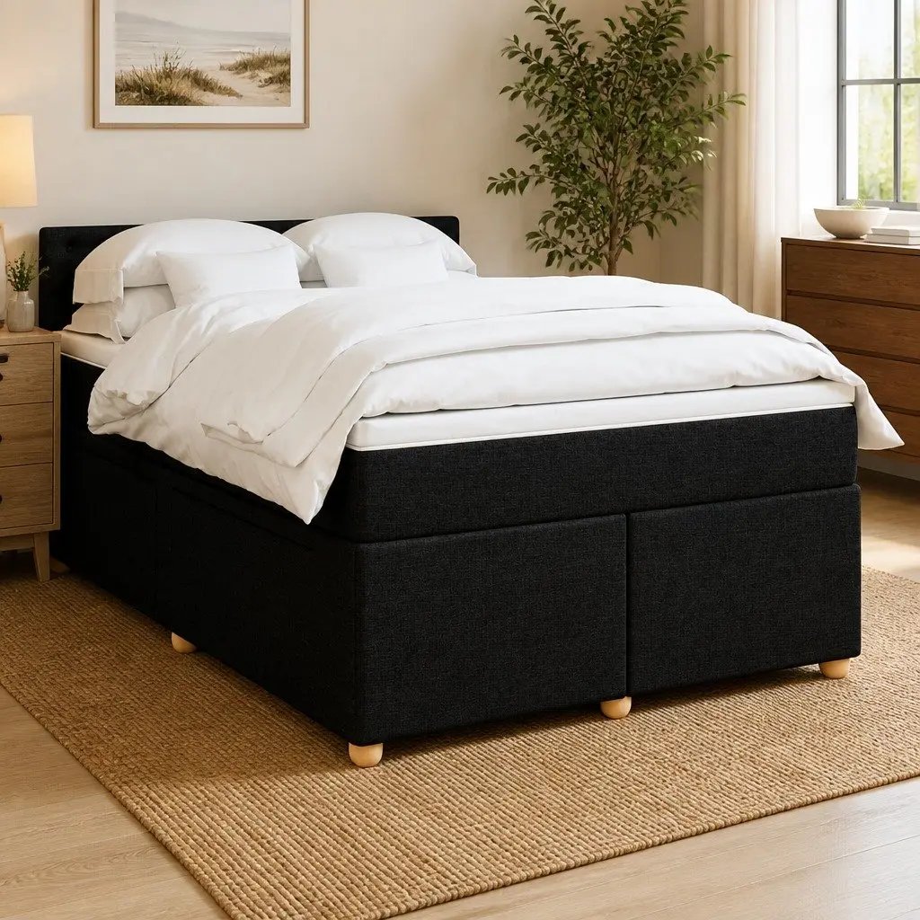 Double Box Spring Bed with Mattress Double Black Fabric LED Lights Pocket Spring