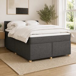 Queen Box Spring Bed with Pocket Mattress LED Lights Grey Fabric Bedroom