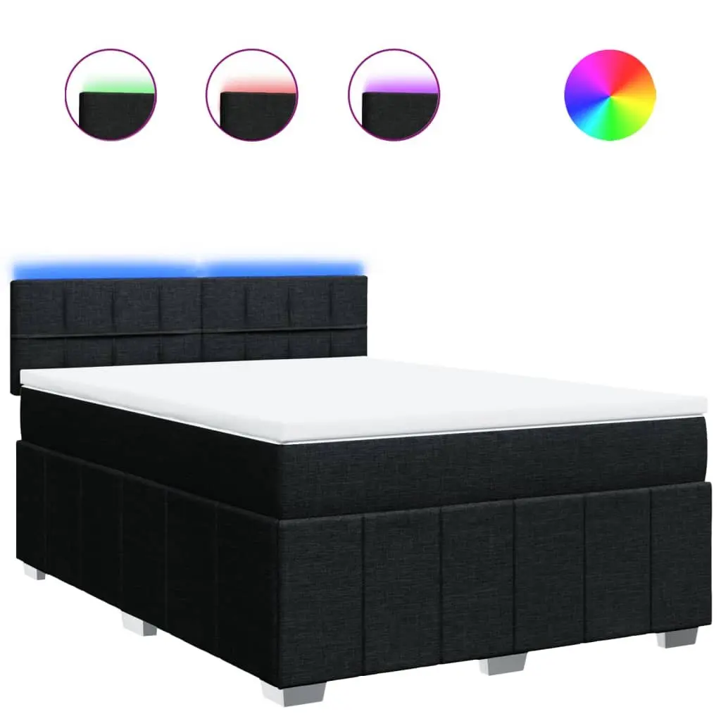 Double Box Spring Bed with Pocket Mattress and Adjustable LED Lights Black Fabric
