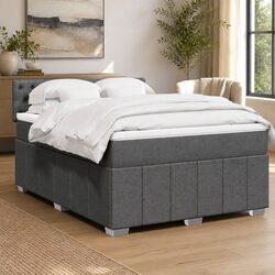 Double Box Spring Bed with Pocket Mattress LED Lights Grey Fabric Frame