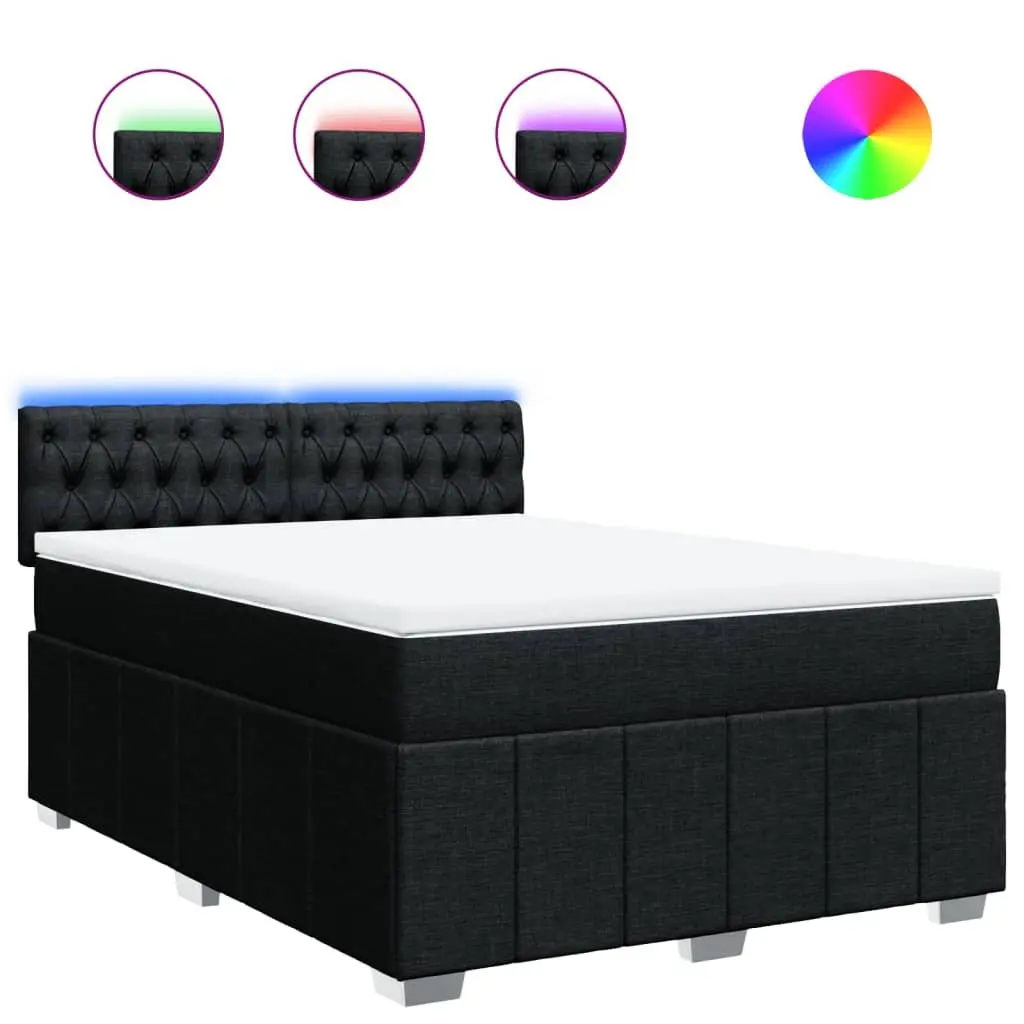 Double Box Spring Bed with Pocket Mattress LED Lights Black Fabric