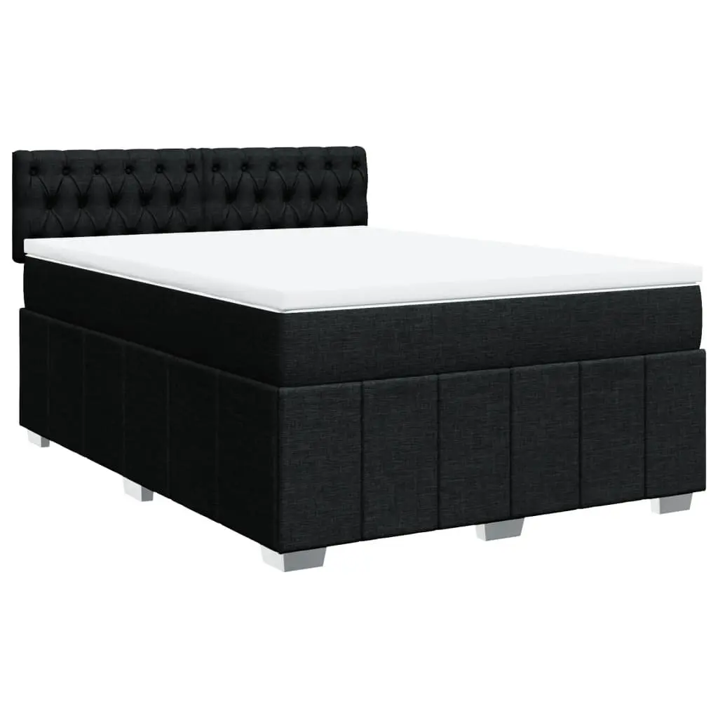 Double Box Spring Bed with Pocket Mattress LED Lights Black Fabric