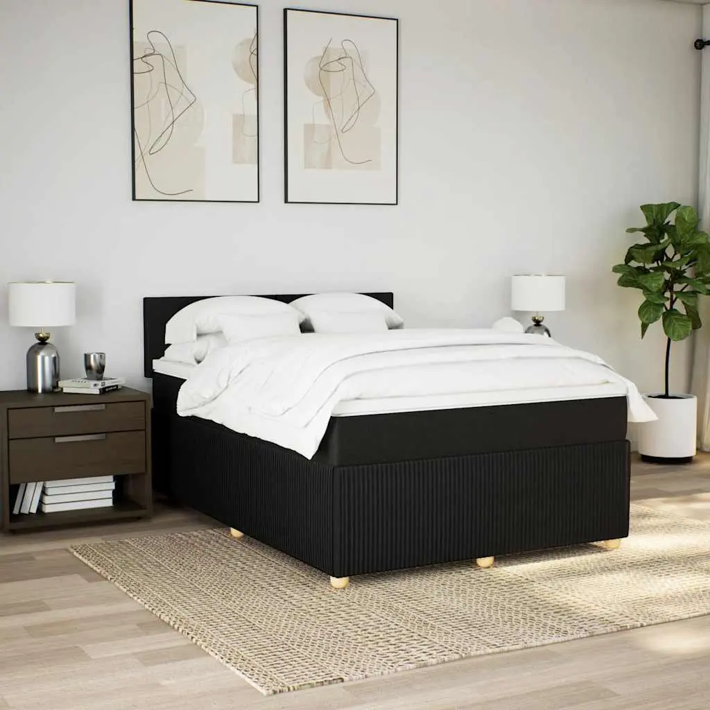 Double Box Spring Bed with Mattress and Topper Double Black Fabric LED Lights
