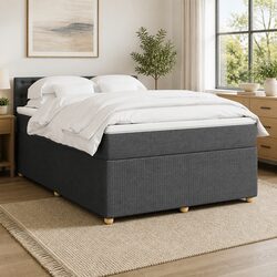 Double Box Spring Bed with Pocket Mattress LED Lights Grey Fabric Frame