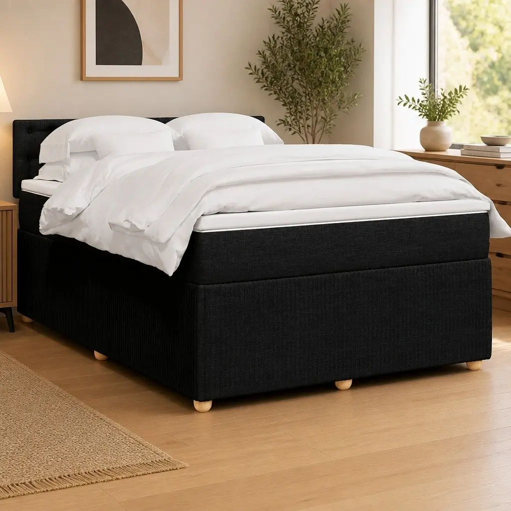 Double Box Spring Bed with Mattress Black Fabric LED Lights Bedroom Furniture