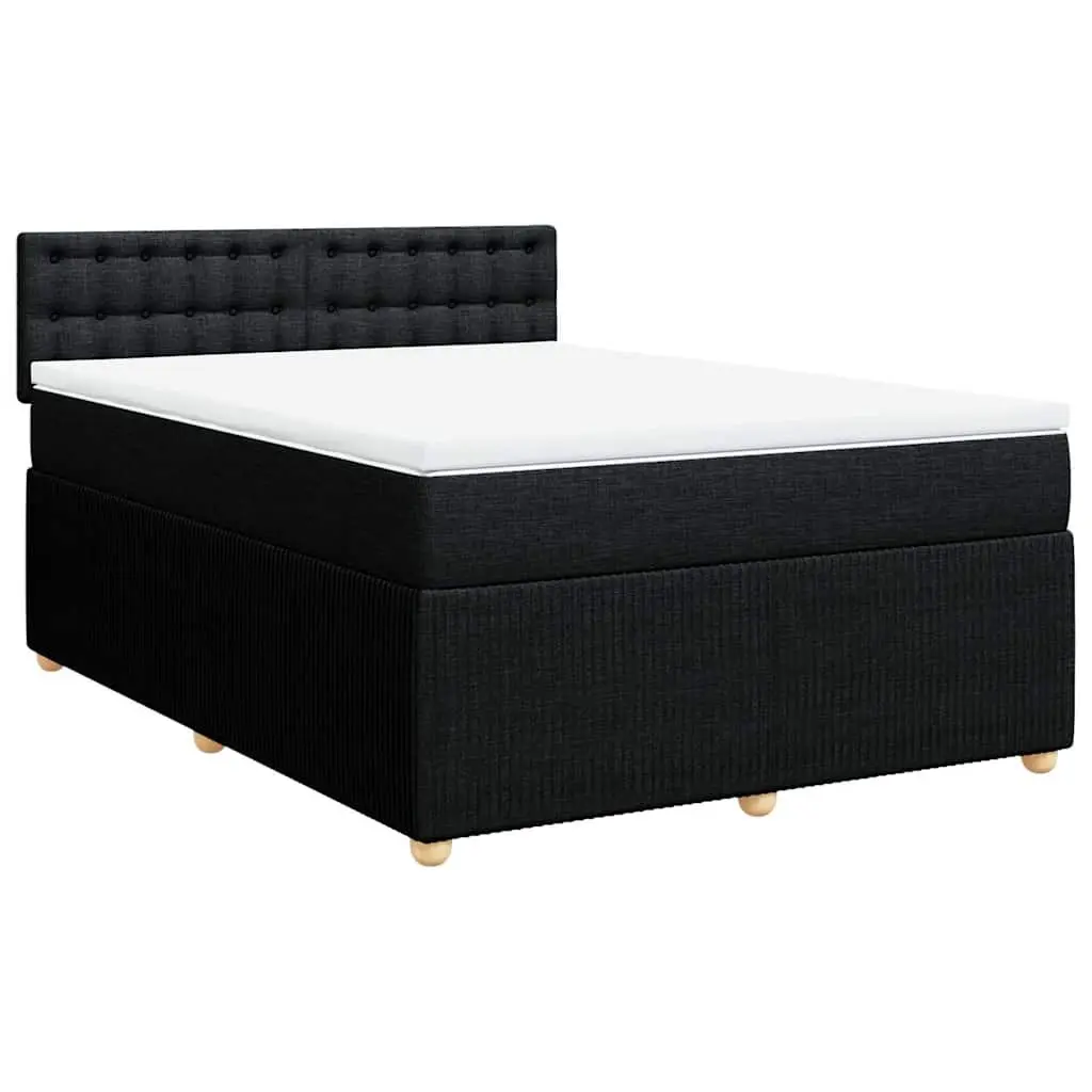 Double Box Spring Bed with Mattress Black Fabric LED Lights Bedroom Furniture