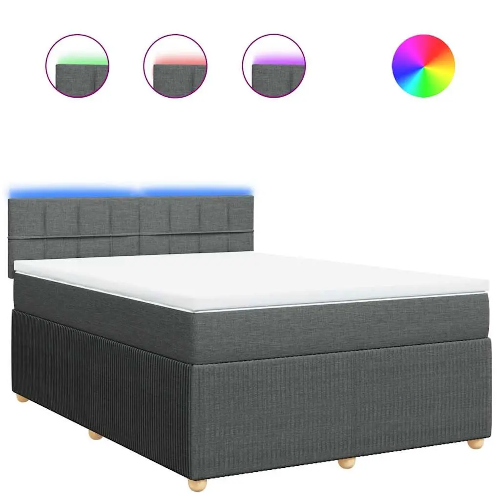 Queen Bed with LED Lights Pocket Spring Mattress Soft Grey Fabric