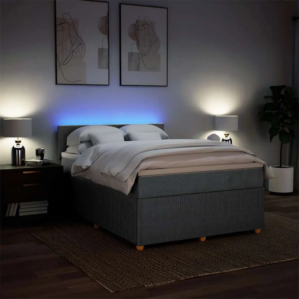 Queen Bed with LED Lights Pocket Spring Mattress Soft Grey Fabric