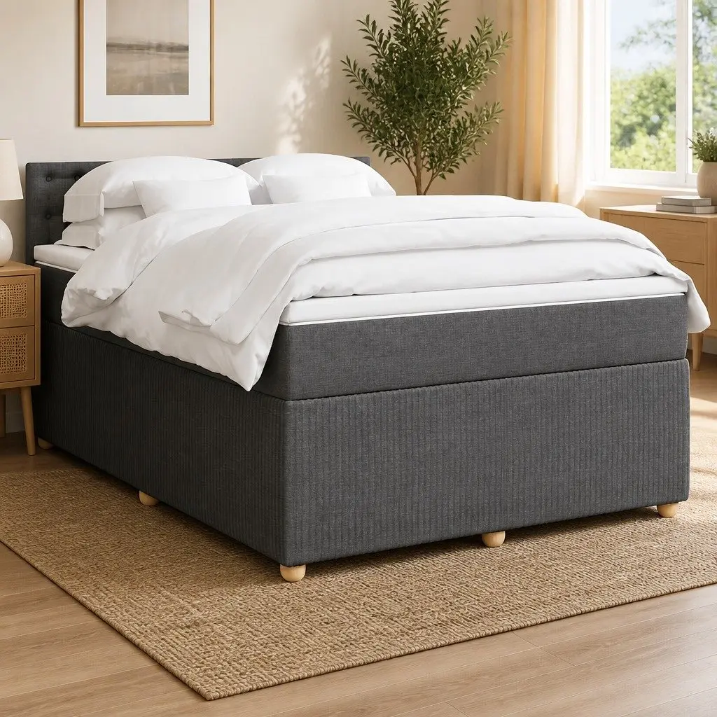 Queen Pocket Spring Bed Frame with LED Light and Removable Mattress Topper in Light Grey Upholstery