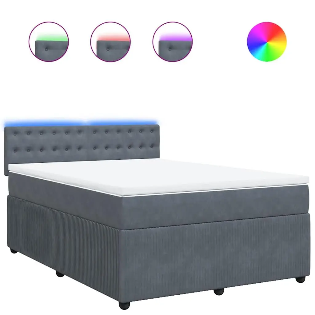 Box Spring Bed Double Velvet Pocket Spring Mattress with LED Lights Grey