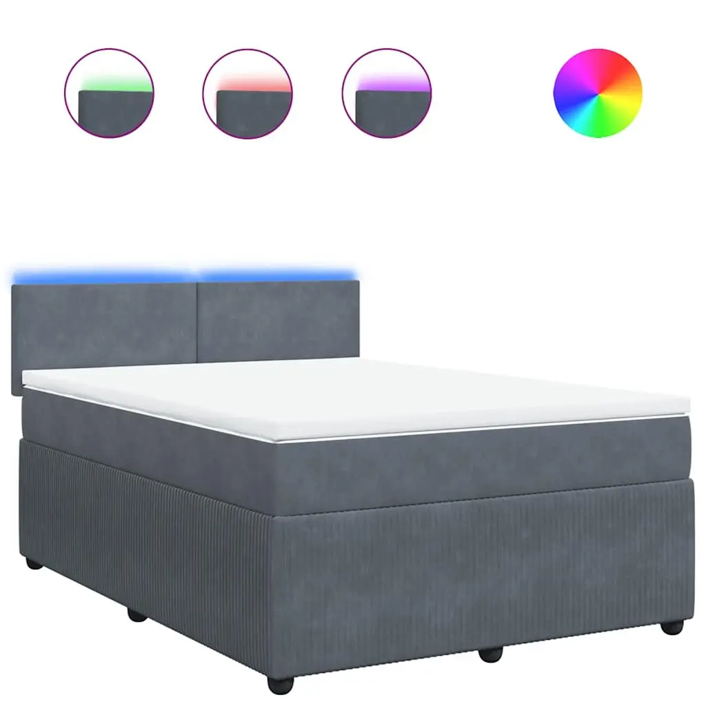 Queen Box Spring Bed with Pocket Spring Mattress Grey Velvet Upholstered and Adjustable LED Lights
