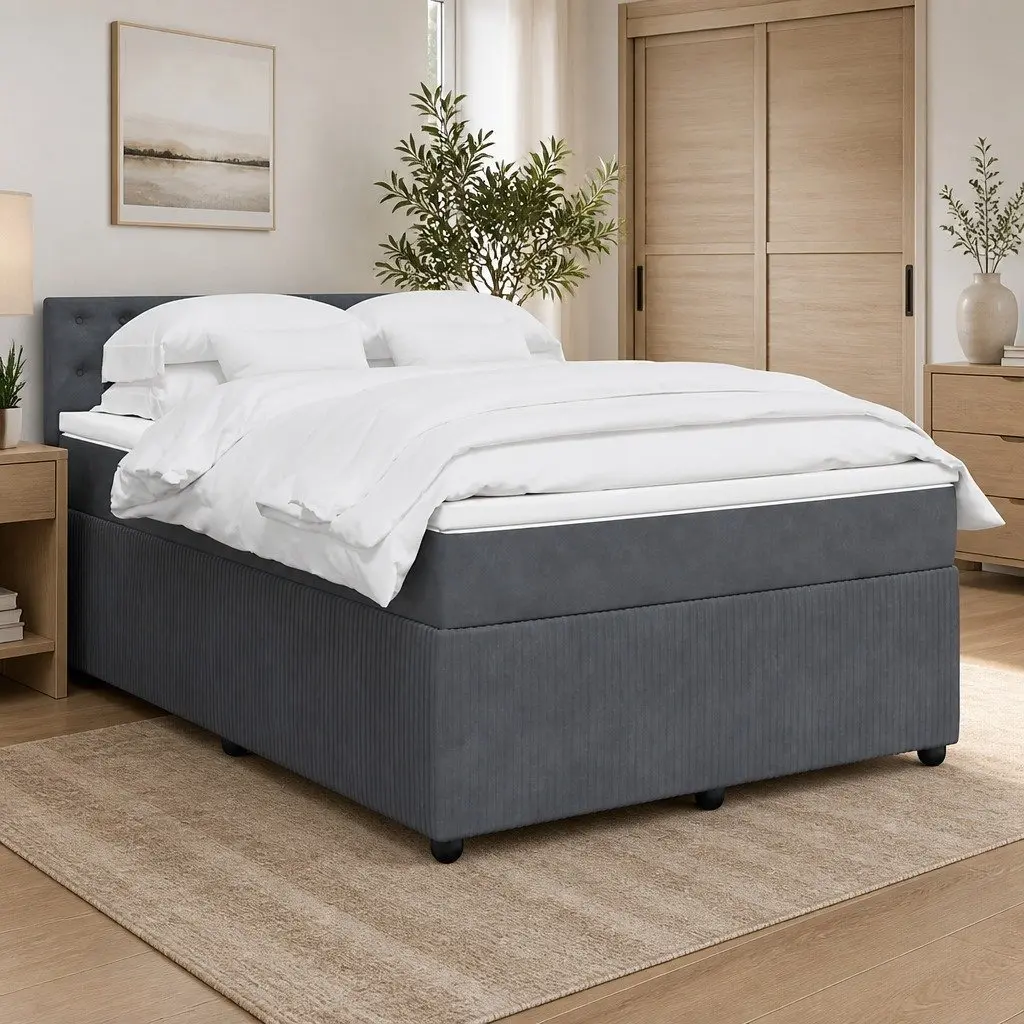 Queen Box Spring Bed Grey Velvet Pocket Spring Mattress with Adjustable LED Lights