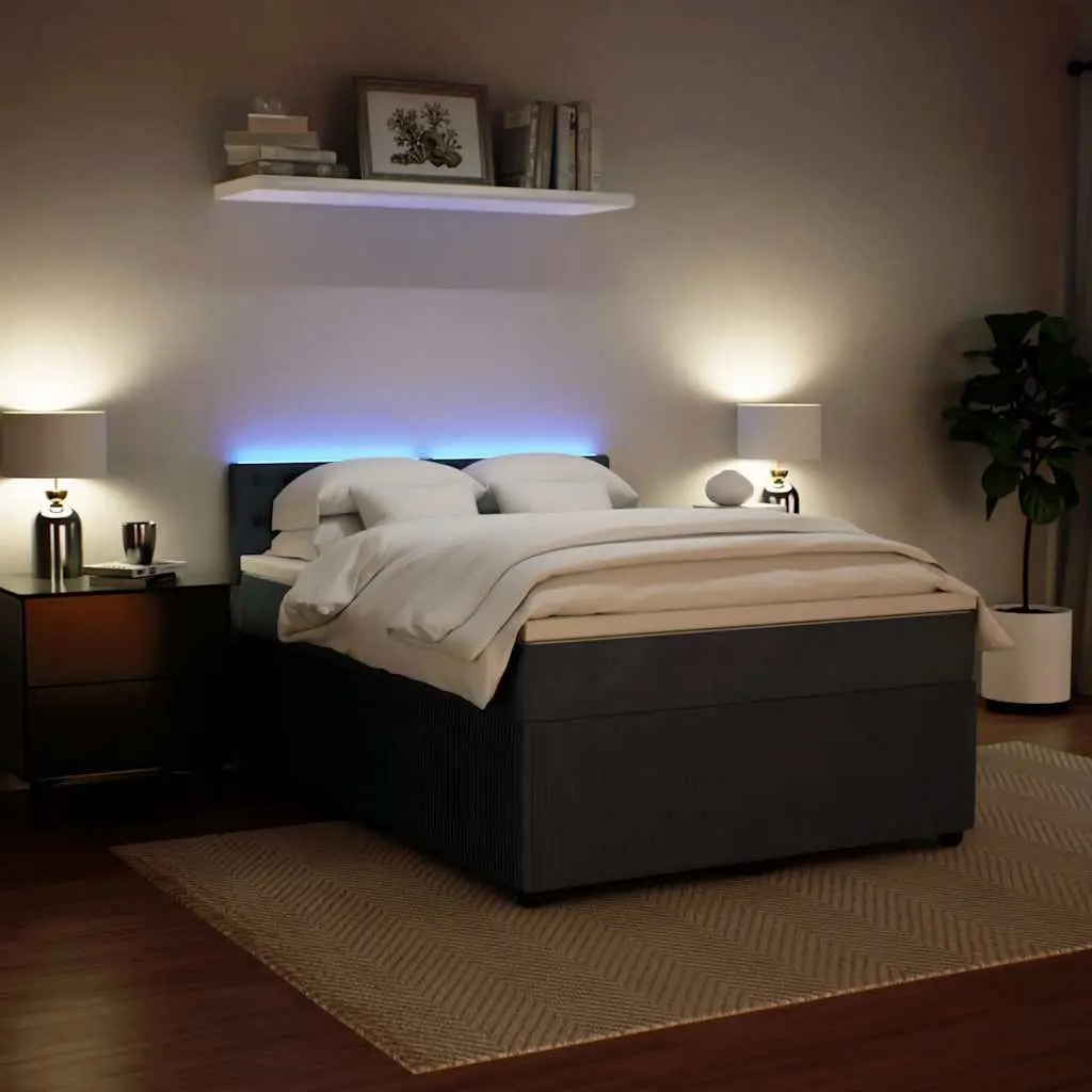 Queen Box Spring Bed Grey Velvet Pocket Spring Mattress with Adjustable LED Lights