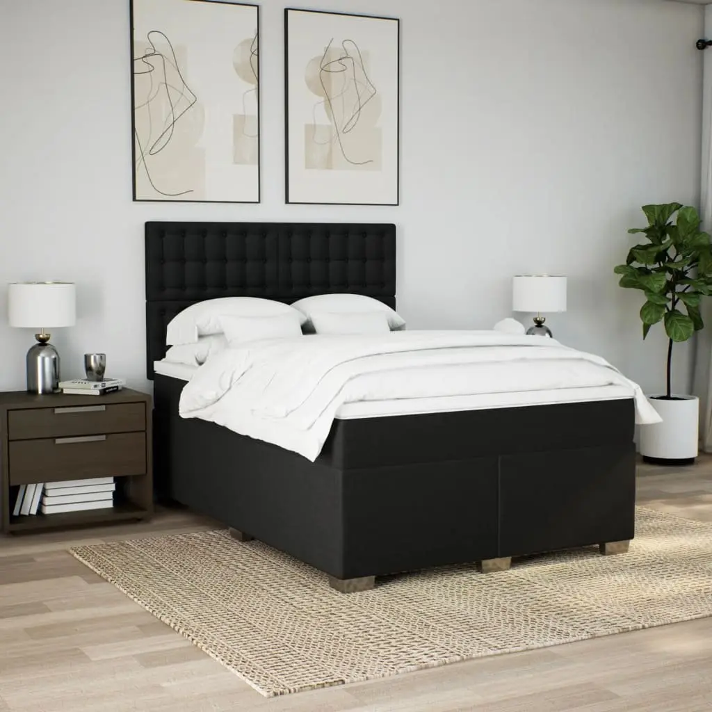 Double Box Spring Bed Double Size Pocket Spring Mattress with Adjustable Headboard Black Fabric