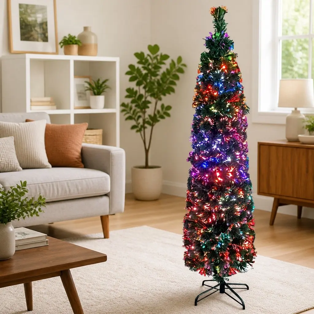 Artificial Slim Christmas Tree 150cm Fibre Optic Lighting Black