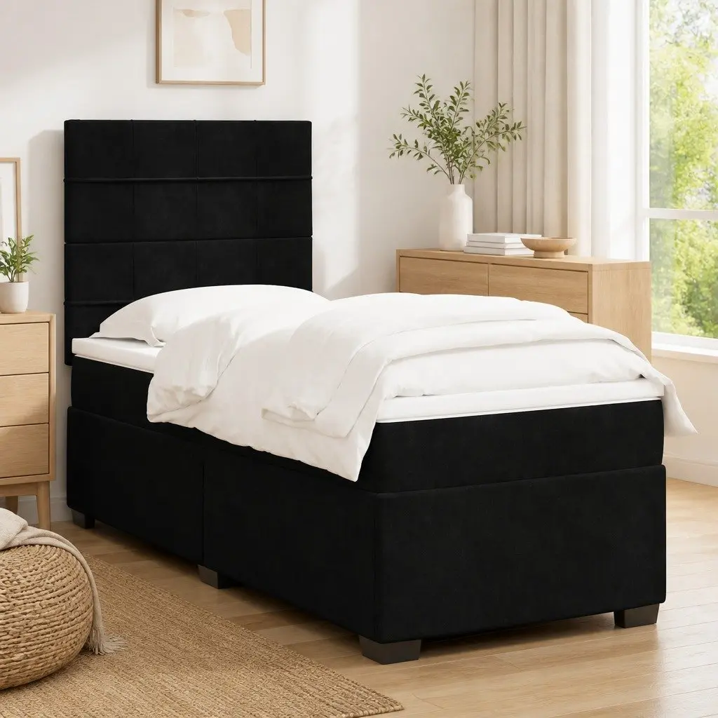 King Single Box Spring Bed with Pocket Mattress Height-Adjustable Headboard Velvet Upholstery Slatted Base