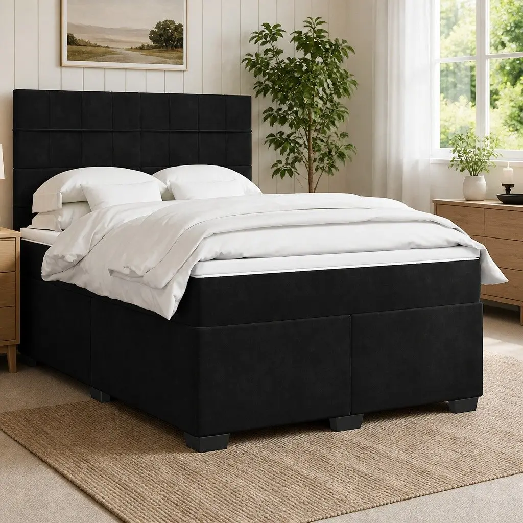Queen Box Spring Bed with Pocket Sprung Mattress Adjustable Headboard Black Velvet
