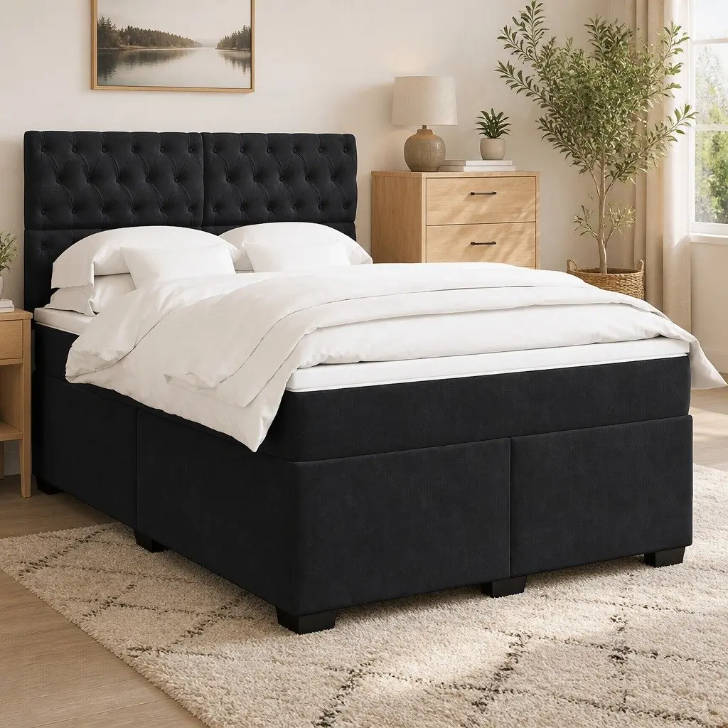 Queen Box Spring Bed Velvet Upholstery Pocket Spring Mattress Adjustable Headboard
