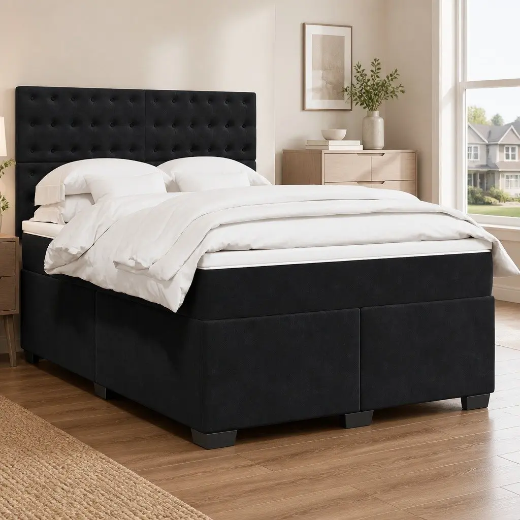 Queen Box Spring Bed with Pocket Spring Mattress Black Velvet Adjustable Headboard
