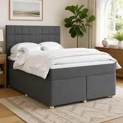 Queen Box Spring Bed with Pocket Mattress Grey Fabric Adjustable Headboard