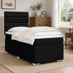 King Single Box Spring Bed with Pocket Mattress Black Fabric Adjustable