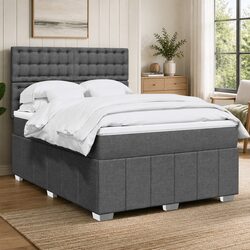 Double Box Spring Bed with Pocket Mattress Height-Adjustable Headboard Grey