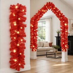 Red Christmas Garland with LED Lights 20m Holiday Decoration Staircase Window