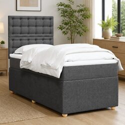 King Single Box Spring Bed with Pocket Mattress Grey Fabric Adjustable Headboard