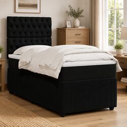 Box Spring Bed with Mattress King Single Black Velvet Pocket Spring Headboard