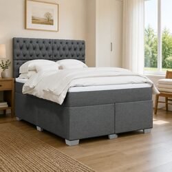 Double Box Spring Bed with Pocket Spring Mattress LED Lights Grey Fabric