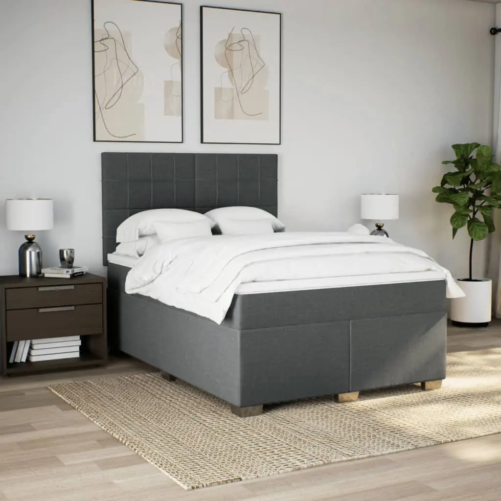 Queen Box Spring Bed with Mattress Dark Grey Fabric Adjustable LED Headboard