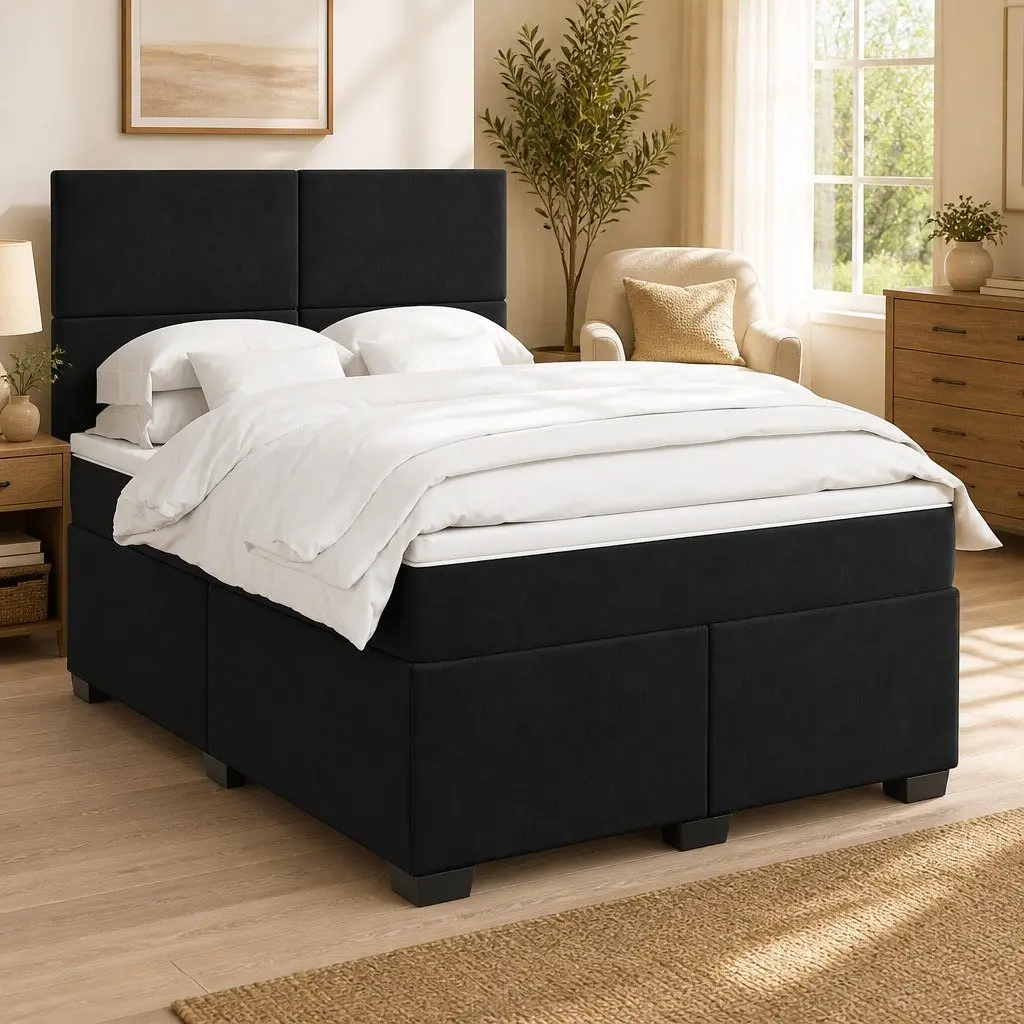 Queen Size Box Spring Bed with Mattress Velvet Bed Frame LED Headboard