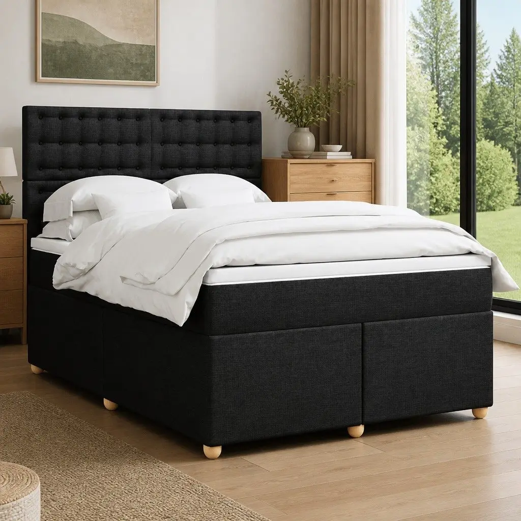 Pocket Mattress Double Box Spring Bed Adjustable LED Headboard Black Fabric