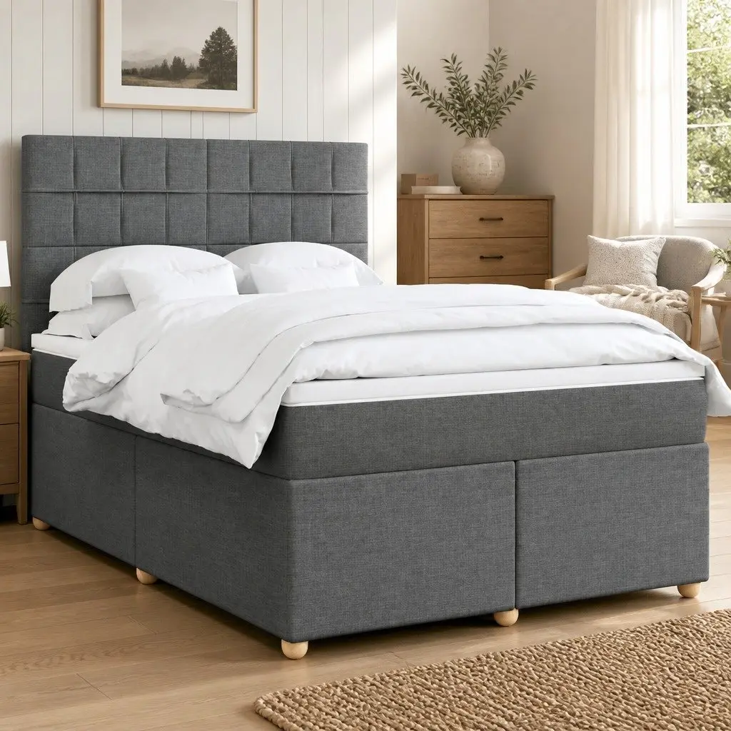 Box Spring Bed Queen Size Dark Grey Fabric LED Headboard