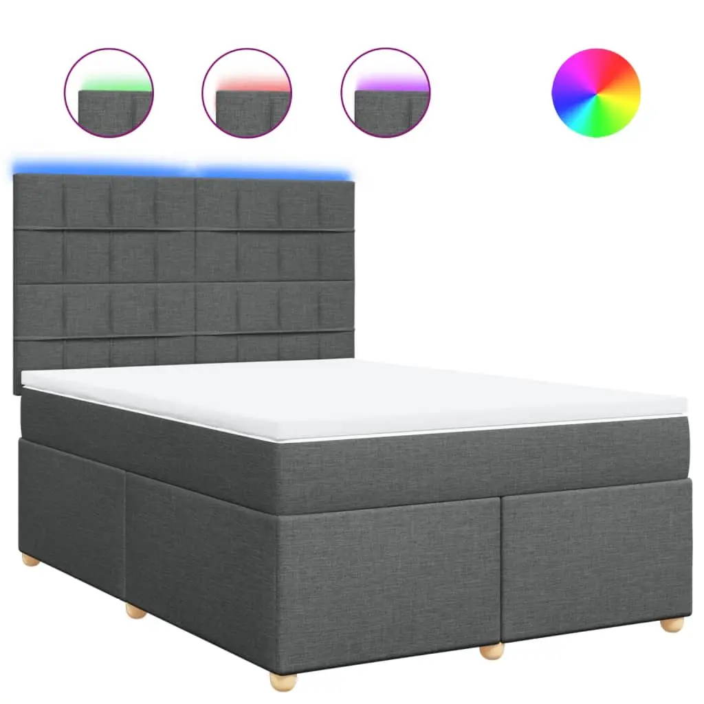 Box Spring Bed Queen Size Dark Grey Fabric LED Headboard