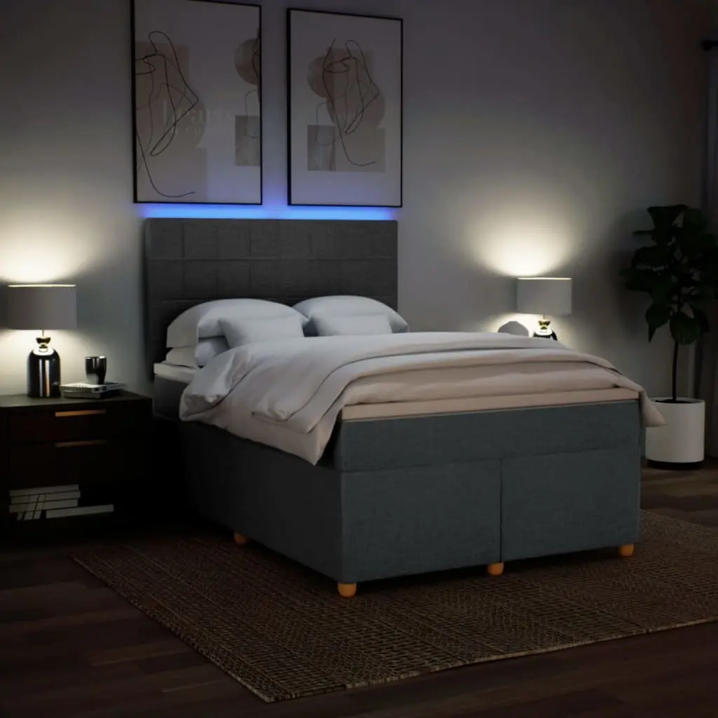 Box Spring Bed Queen Size Dark Grey Fabric LED Headboard