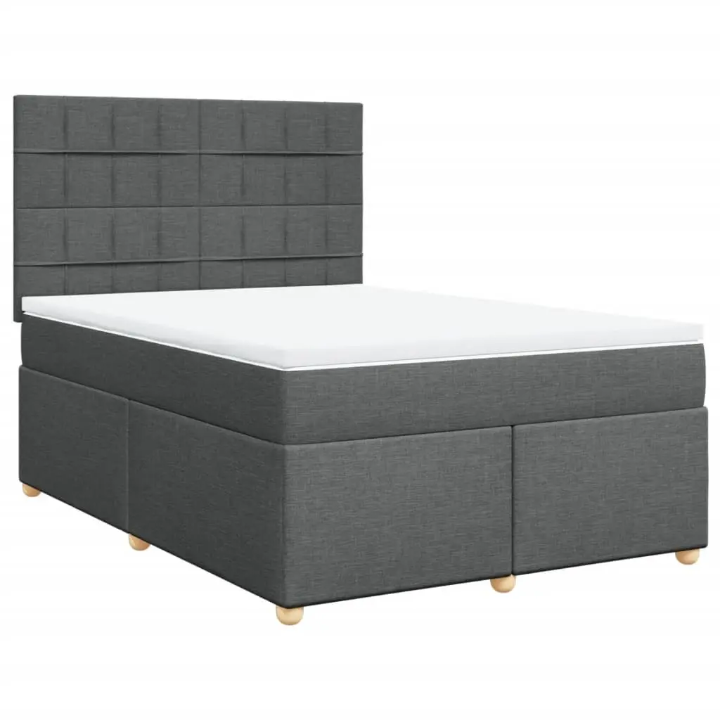 Box Spring Bed Queen Size Dark Grey Fabric LED Headboard