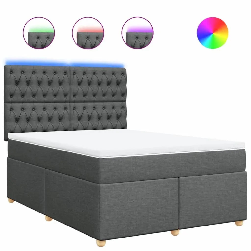 Queen Box Spring Bed with Pocket Spring Mattress Adjustable Headboard LED Lights Grey