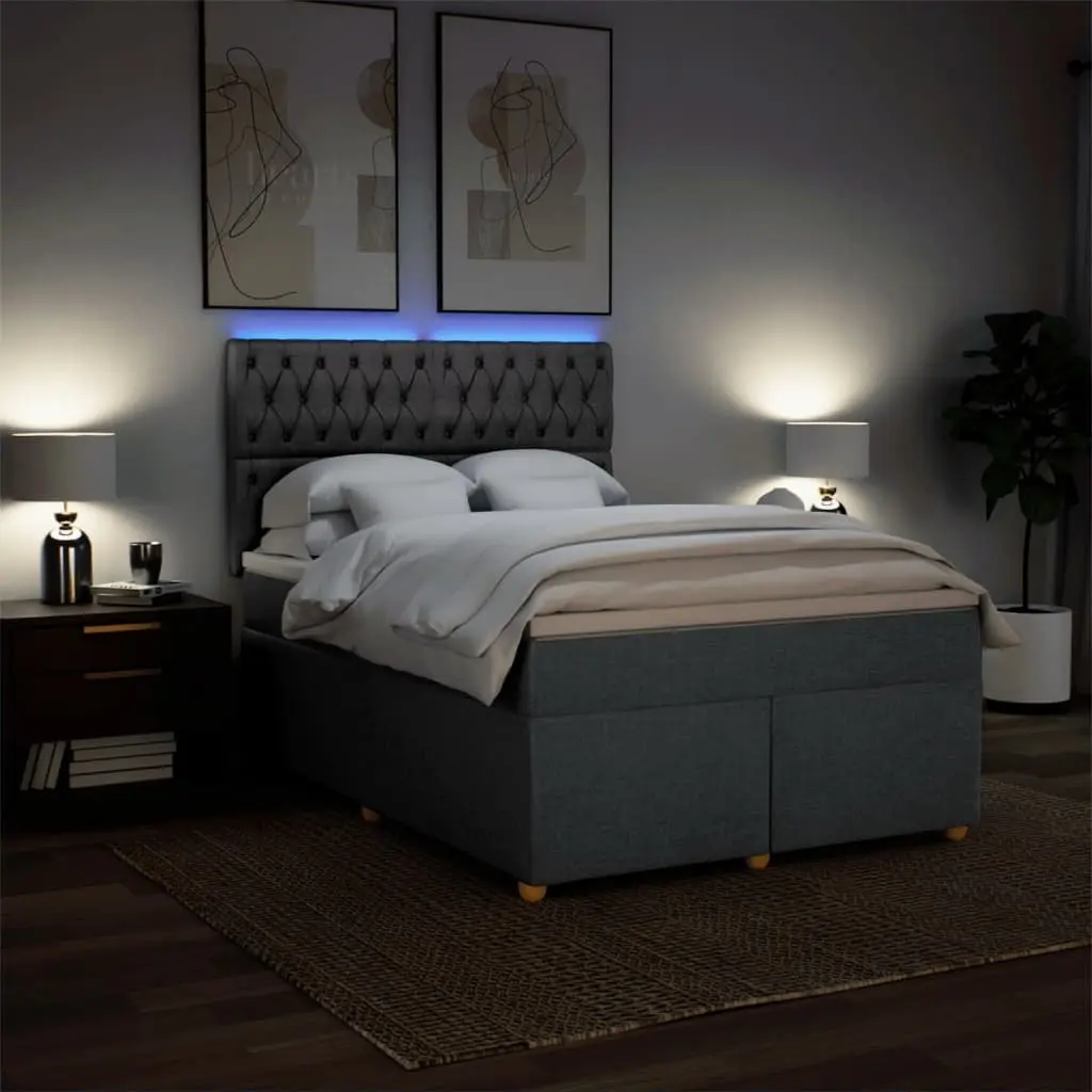 Queen Box Spring Bed with Pocket Spring Mattress Adjustable Headboard LED Lights Grey